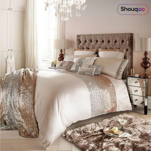 Luxury Beige Bridal Bedding Set With Golden Sequence