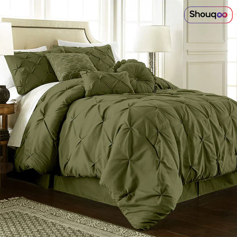 Diamond Pin Tuck Imperial Olive Green-Bed Set 8 Pcs (Luxury)