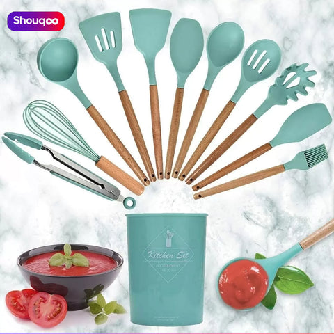 Kitchen Utensil Set 11 PCS Cooking Utensils With Plastic Utensil Holder, Non-stick Silicone, and Heat Resistant Wooden Utensils
